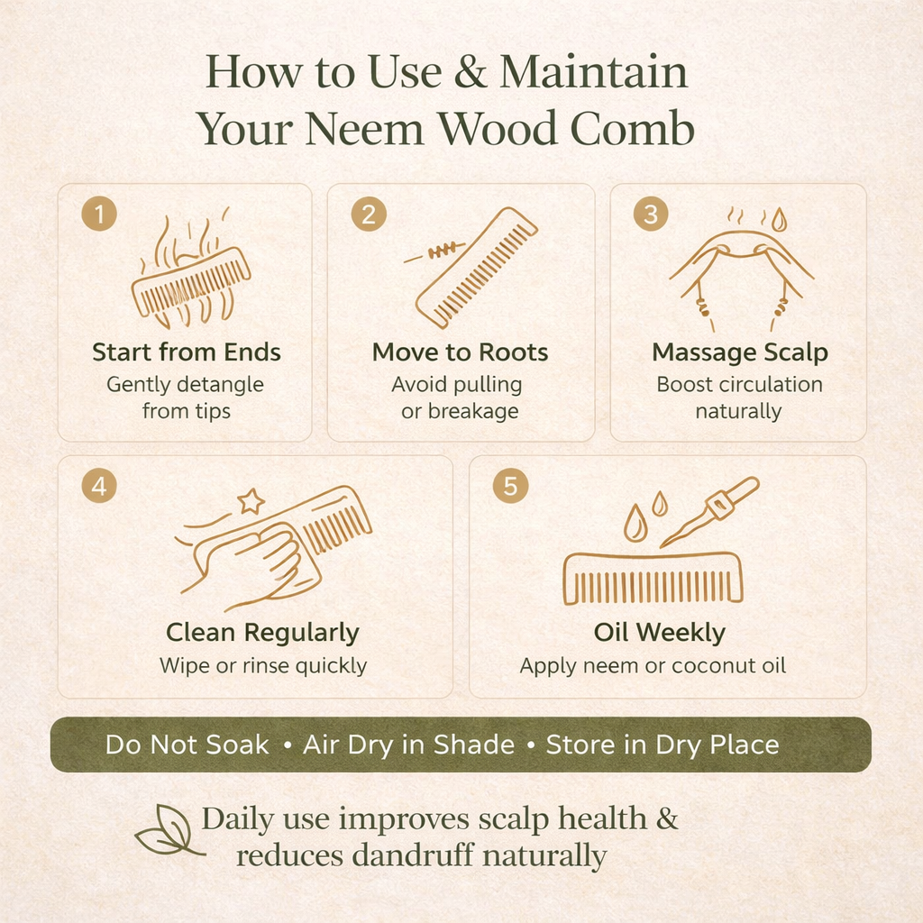 Chemmala Neem Wood Comb – Anti-Dandruff, Anti-Static, Gentle Scalp Care | Handmade Herbal Hair Comb