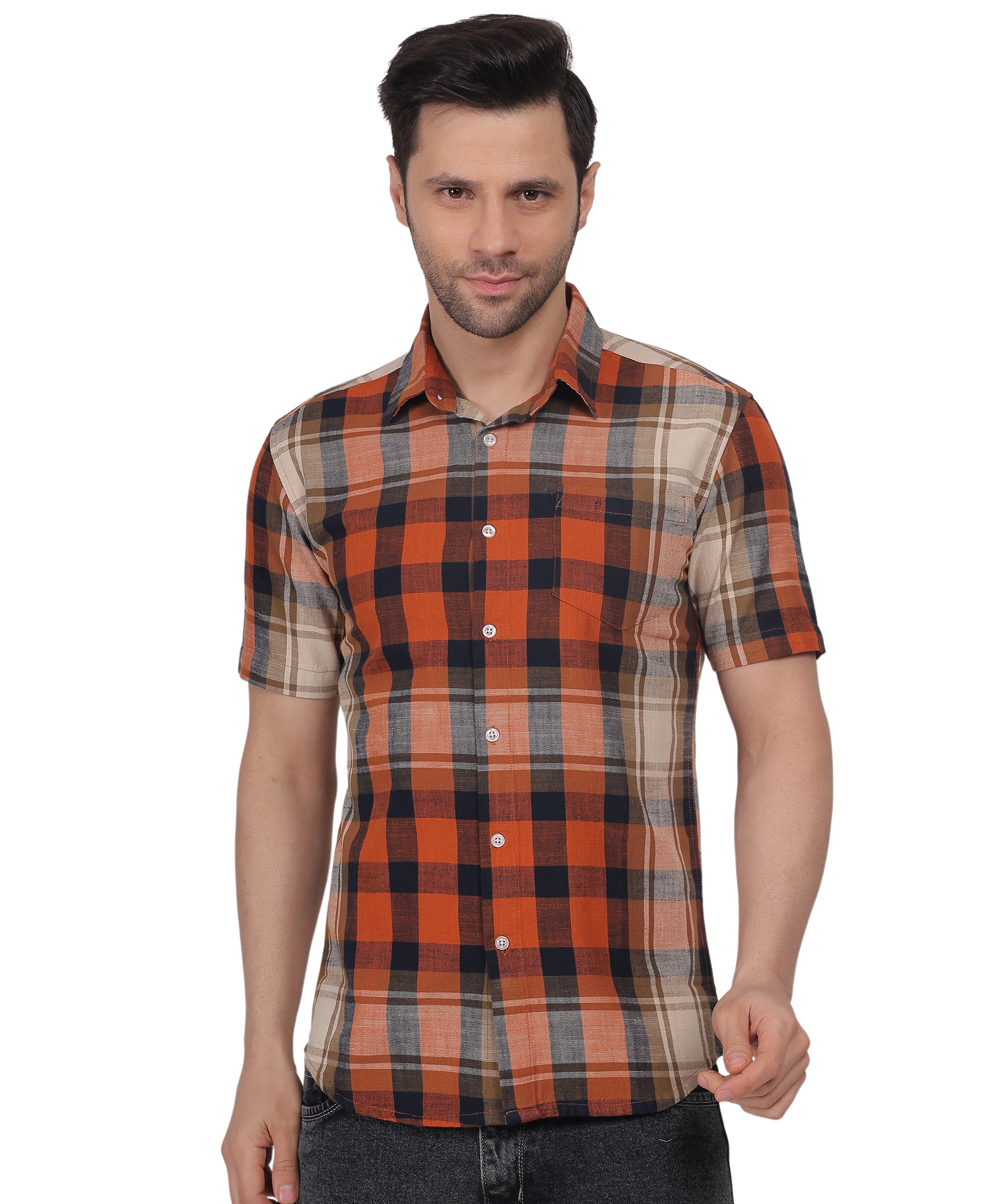 Orange Checked Shirts half sleeve