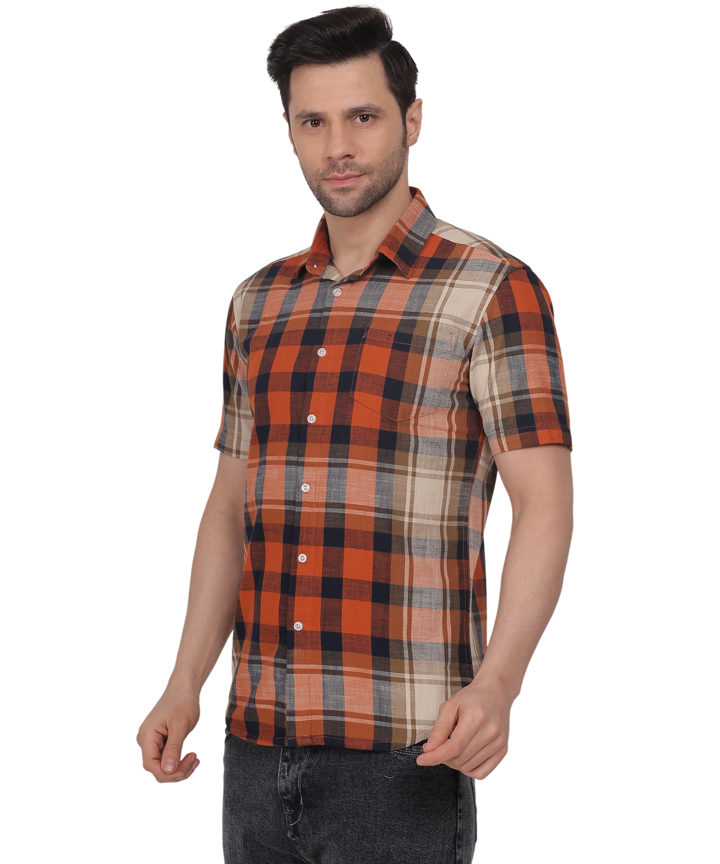 Orange Checked Shirts half sleeve