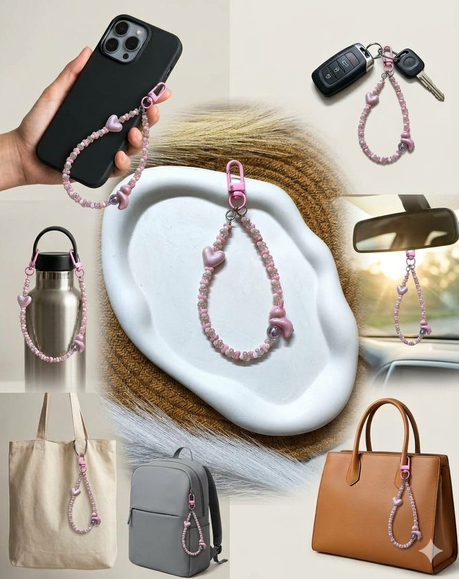 BeYoou.Bling Handcrafted **Cute Pastel Pink Bunny Beaded Wristlet Keychain, Phone Tag, Safety Tag