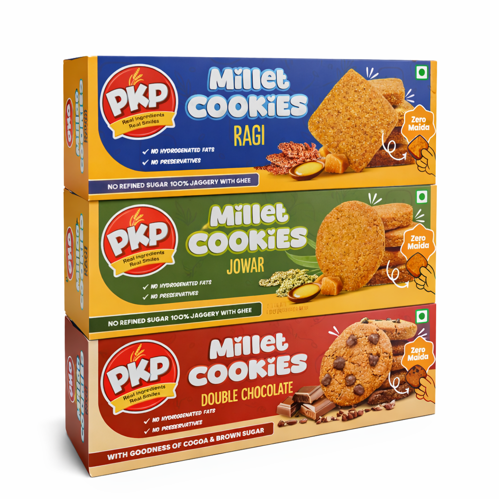 PKP Millet Cookies Combo | Ragi, Jowar & Chocolate Millet Butter Cookies | Sweetened with Jaggery | No Maida Healthy Cookies | 360g (Pack of 3)