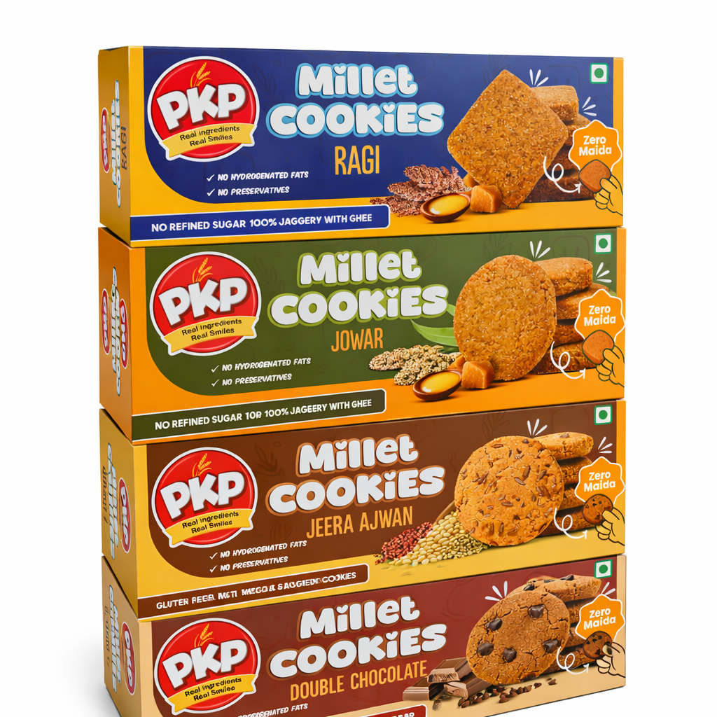 PKP Millet Cookies Variety Pack | Ragi, Jowar, Jeera Ajwain & Chocolate | Butter & Desi Ghee Cookies | No Maida Healthy Cookies | 475g (Pack of 4)
