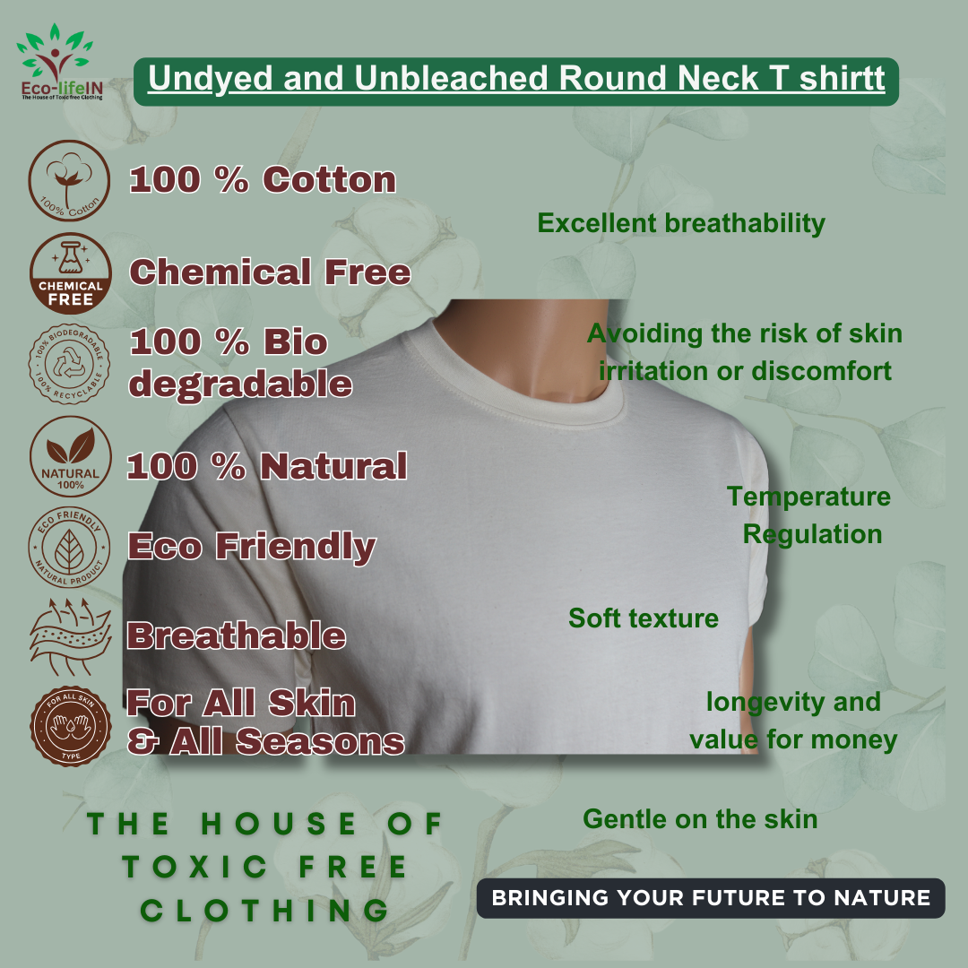 Eco life Toxic free Undyed and Unbleached Pure Cotton Round Neck T-Shirt Half Sleeve
