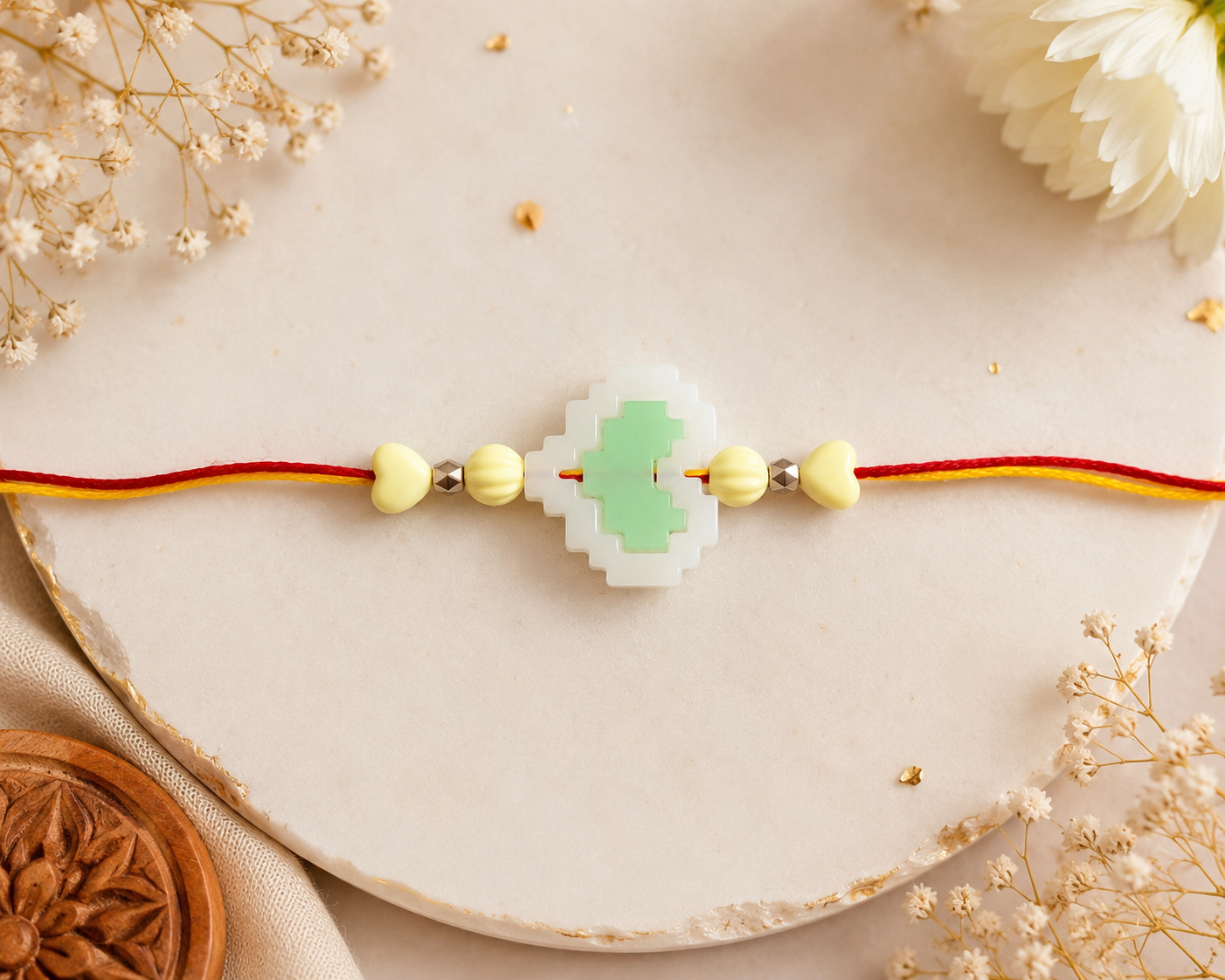 BeYoou.Bling Handcrafted Traditional Red & Yellow Thread Rakhi with Green & White Pixel Heart Centre Charm