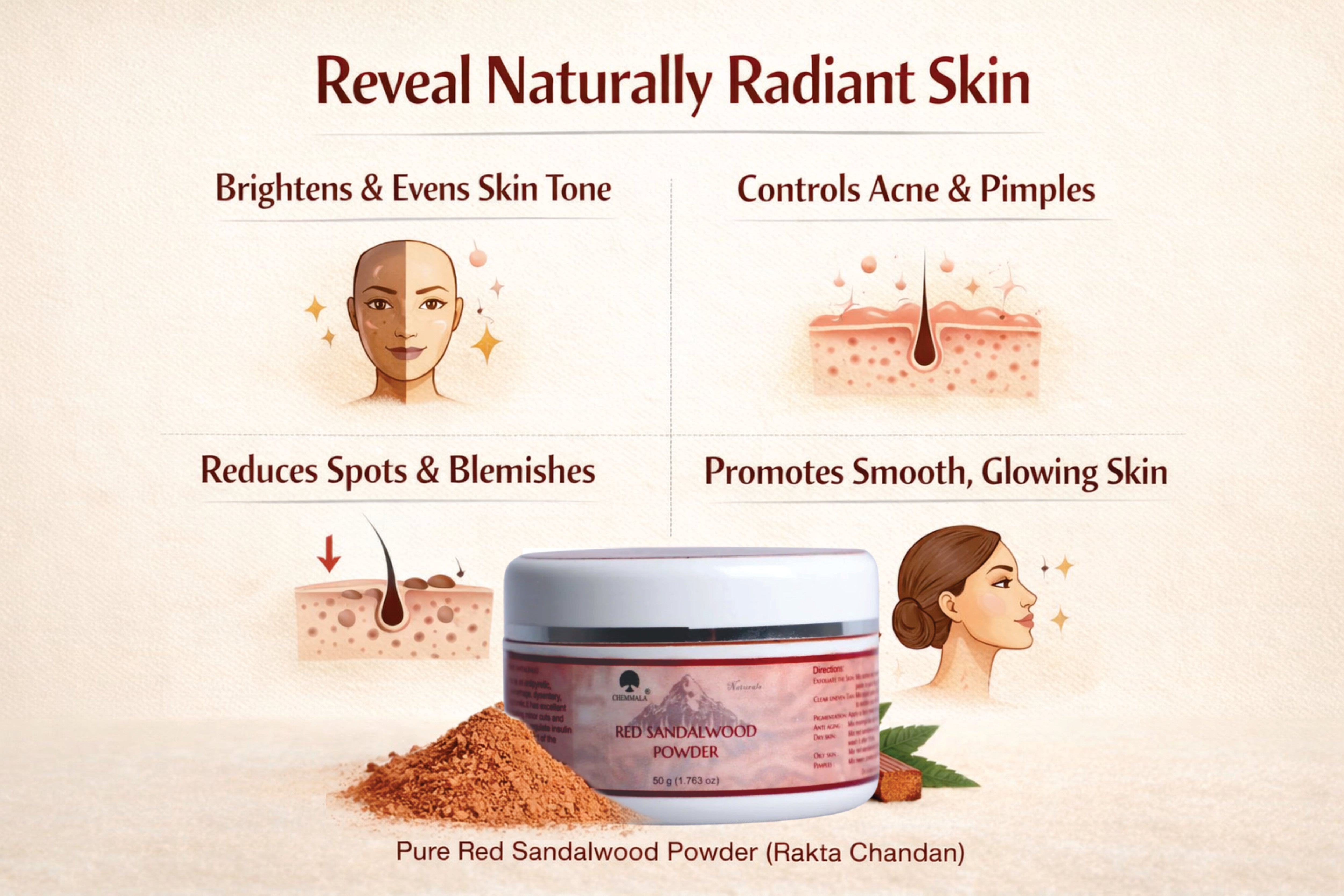 Chemmala Red Sandalwood Powder (Rakta Chandan) – Natural Face Pack for Skin Brightening & Acne Care