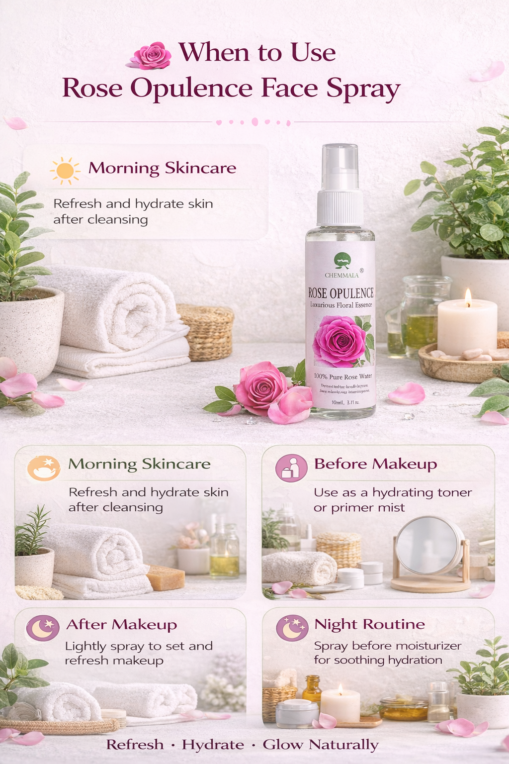 Rose hydrosol face mist usage times including morning routine, makeup prep, post makeup refresh and night skincare hydration