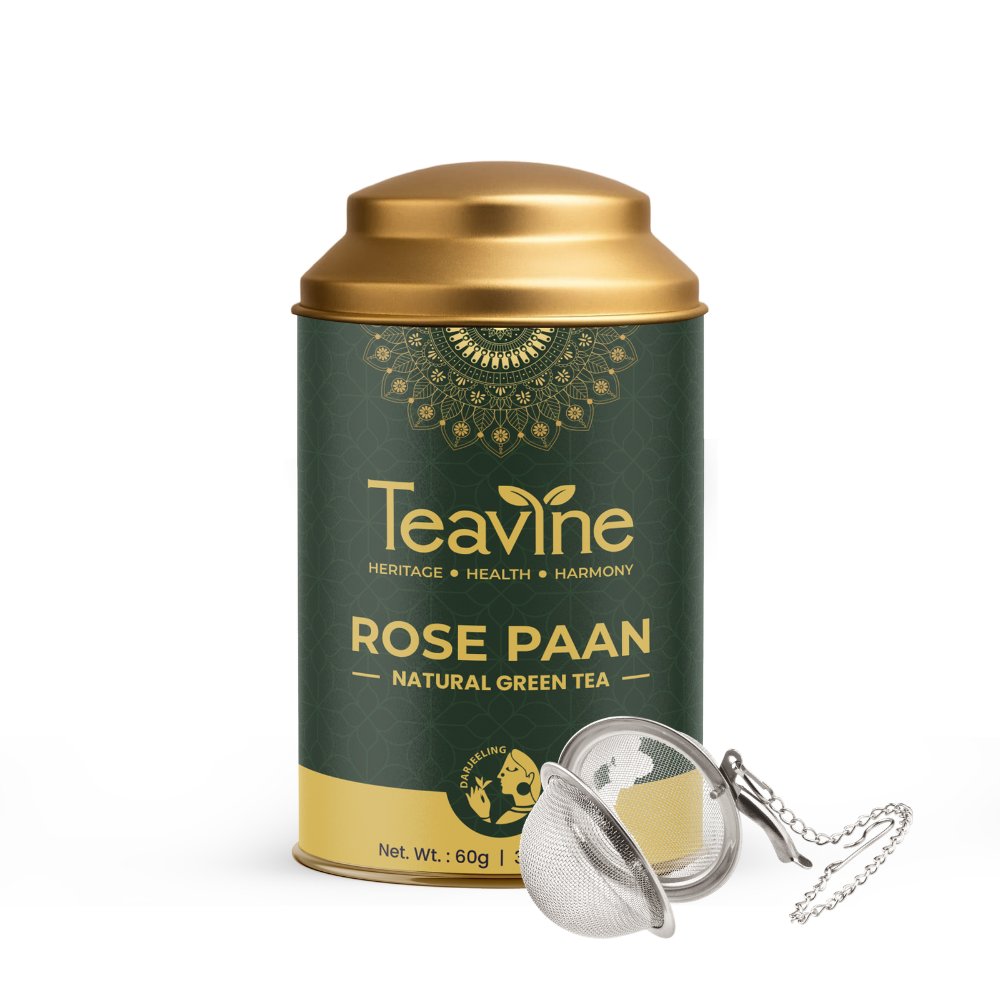 TEAVINE Rose Paan Green Tea | Aromatic & Tasteful loose leaf Green tea | 60g with Stainless steel infuser