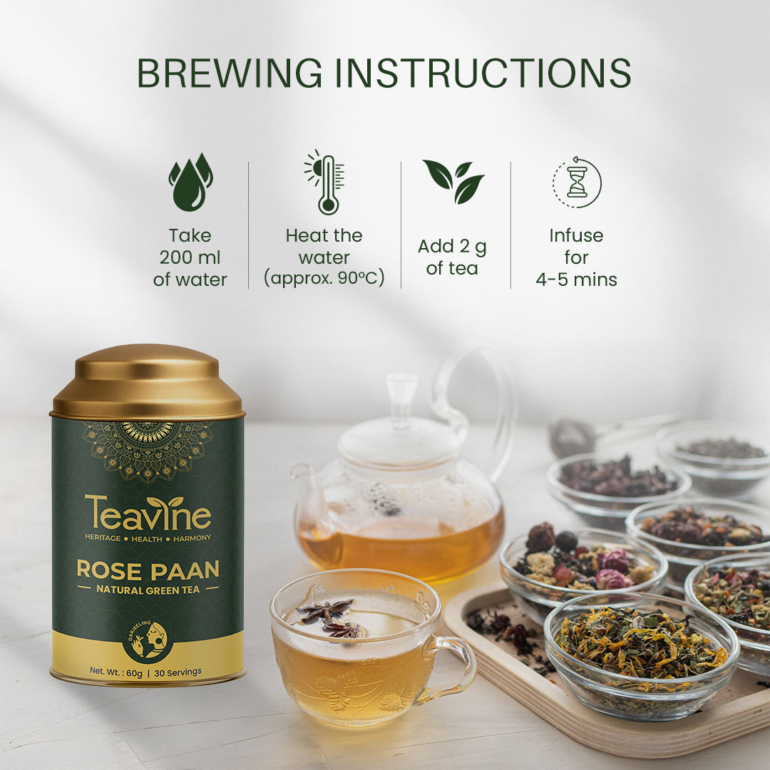 TEAVINE Rose Paan Green Tea | Aromatic & Tasteful loose leaf Green tea | 60g with Stainless steel infuser