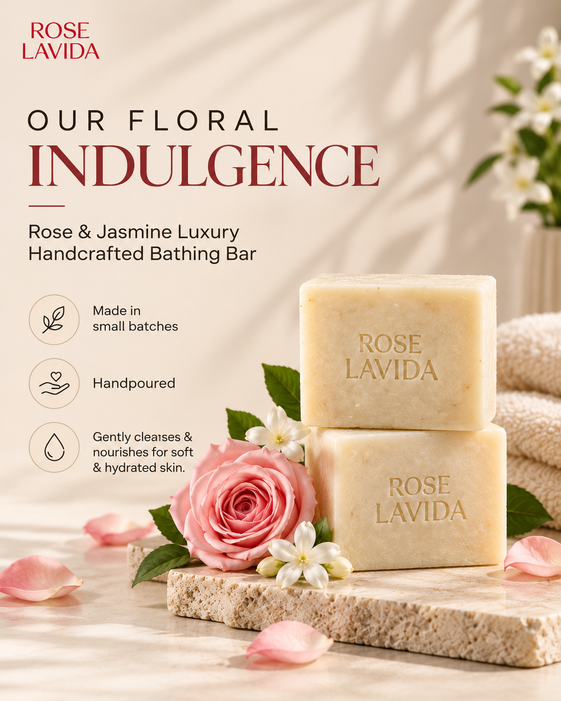 Rose Lavida Floral Indulgence - Rose & Jasmine Luxury Bathing Bar, 75g