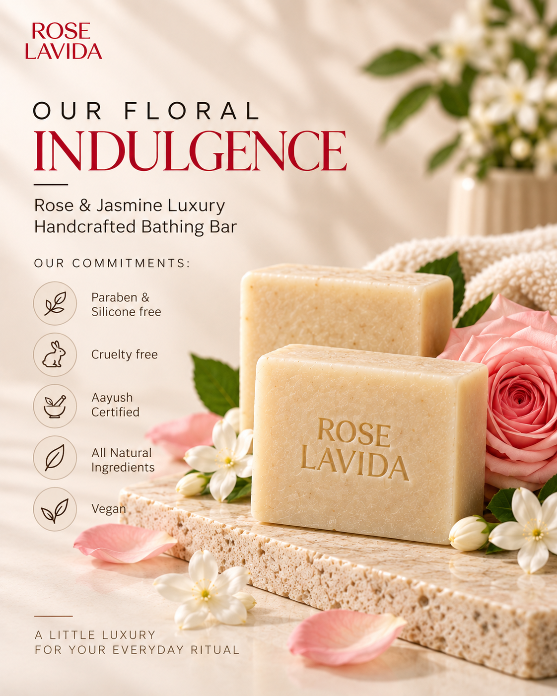 Rose Lavida Floral Indulgence - Rose & Jasmine Luxury Bathing Bar, 75g