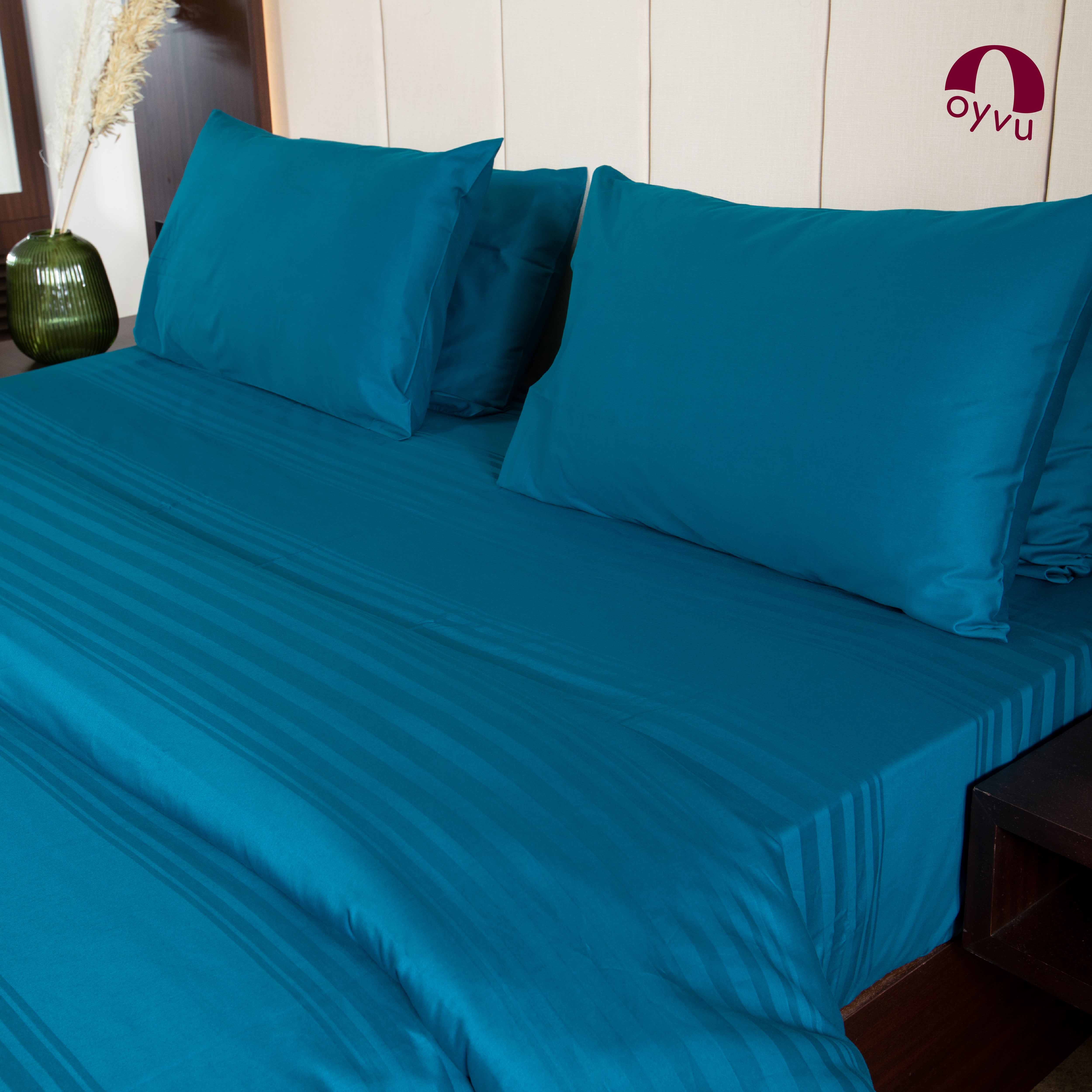 Teal Blue, 300TC, Horizontal Stripes Bedsheet Set