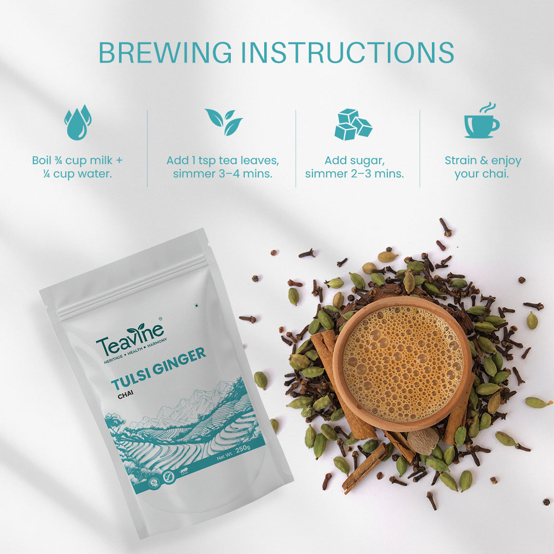 TEAVINE Tulsi Ginger CTC Tea | Premium CTC Black Tea with Tulsi, Ginger & Black Pepper | 250g