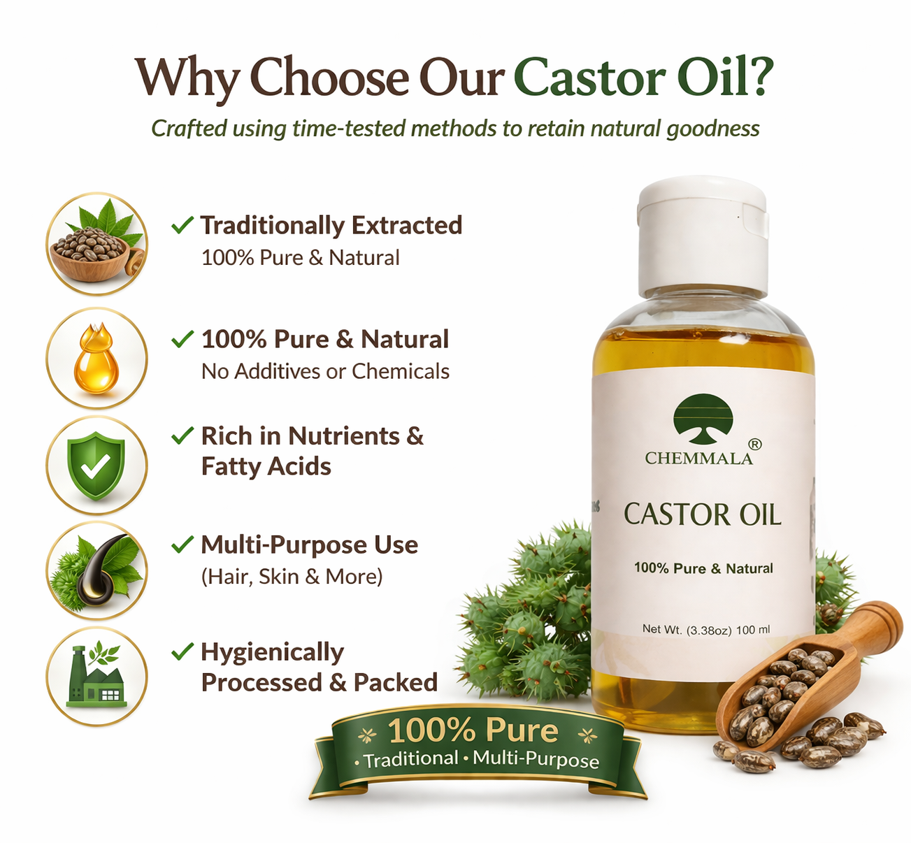Chemmala Pure Castor Oil – Traditionally Extracted | Cold Pressed | 100% Natural for Hair Growth, Skin & Wellness