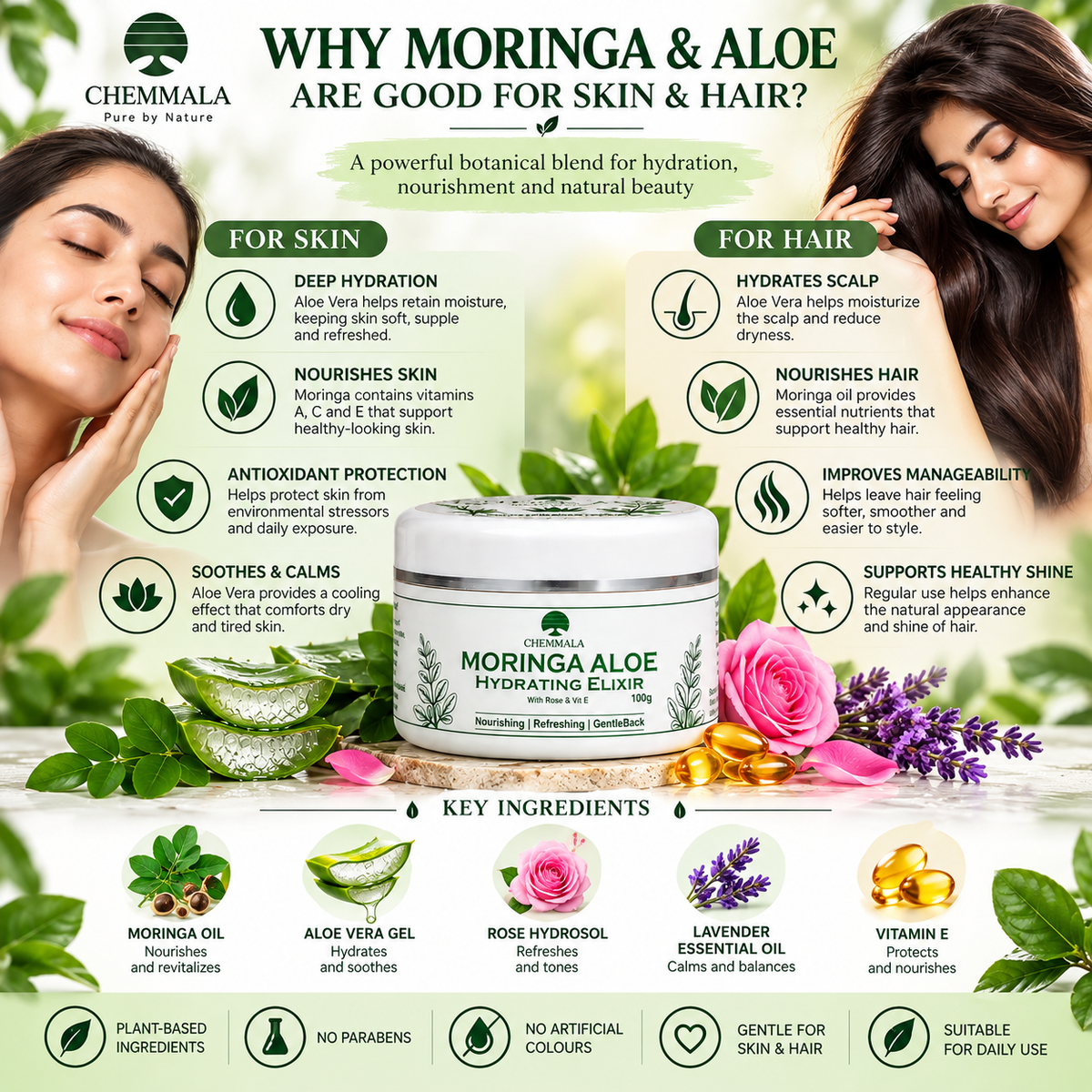 Chemmala Moringa Aloe Hydrating Elixir featuring moringa oil and aloe vera to nourish skin, hydrate scalp, support healthy-looking hair, and provide daily botanical care.
