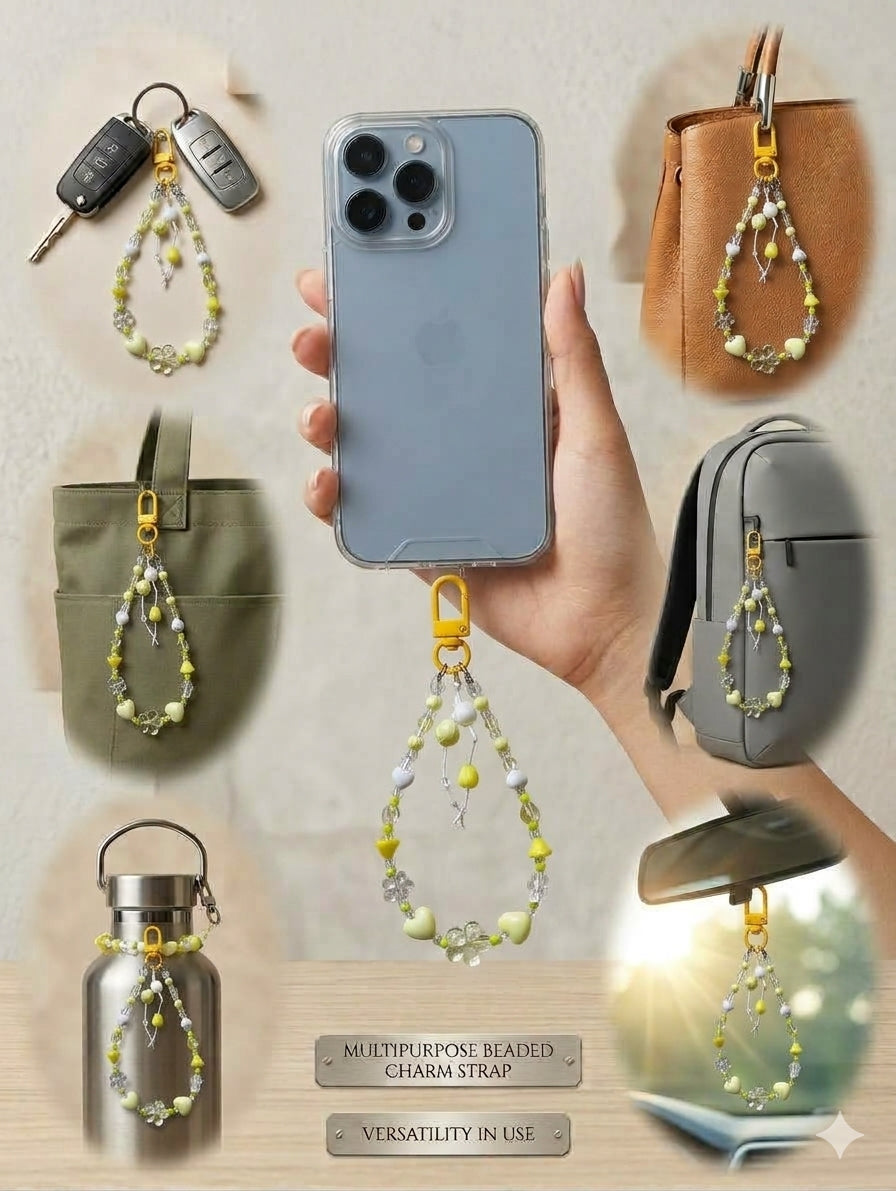 BeYoou.Bling Handcrafted Yellow Daisy & Heart Beaded Wristlet Keychain & Phone Tag, Safety Tag