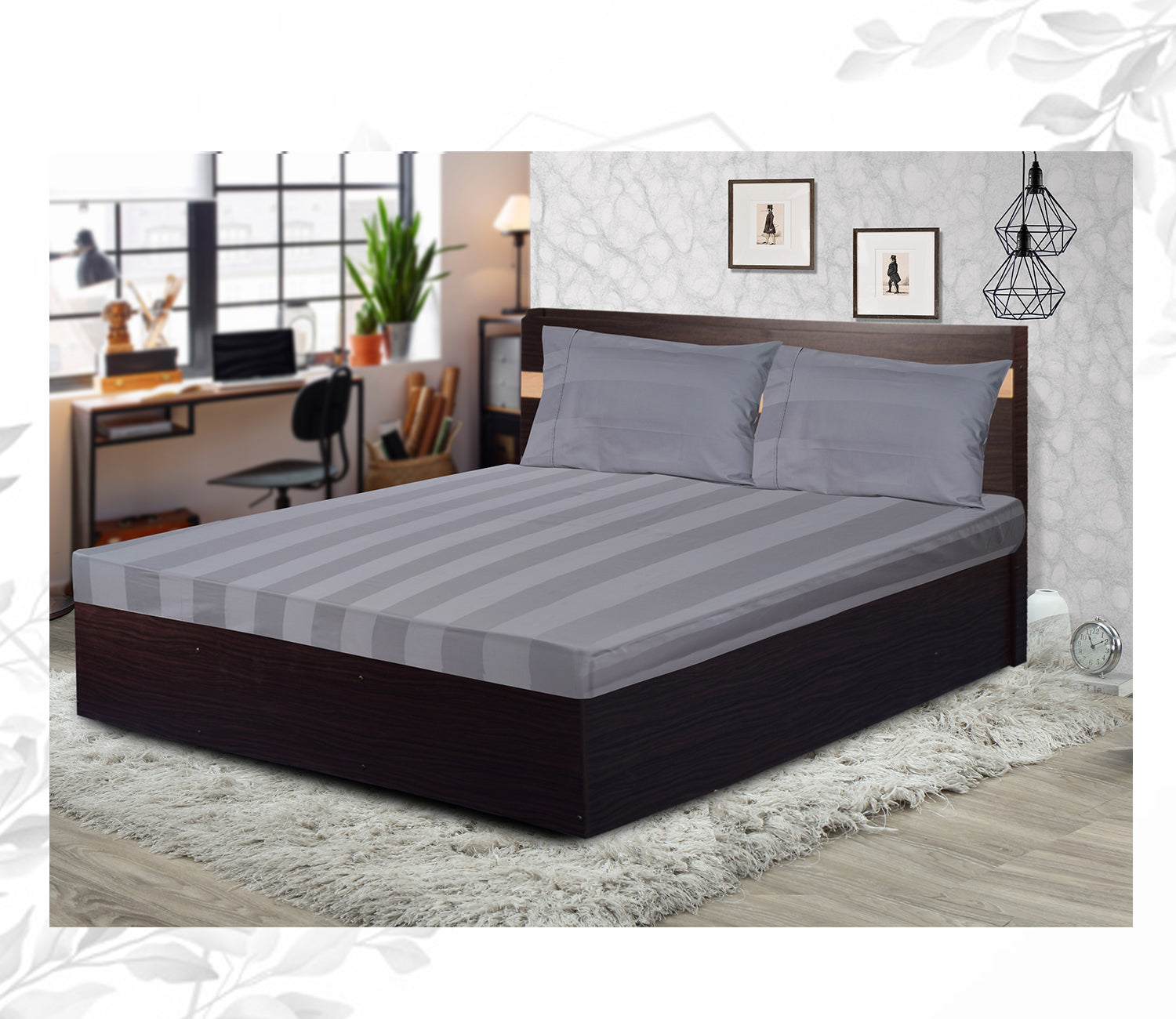 Swaas 100% Pure Cotton 10cm Stripes Grey Gum Bedsheet Set - hfnl!fe