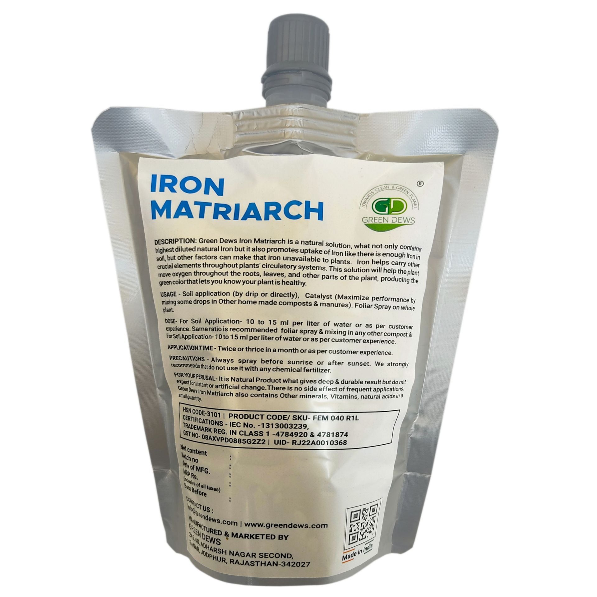 Green Dews IRON FERTILIZER FOR PLANTS ORGANIC LIQUID WATER SOLUBLE IRON MATRIARCH FOLIAR SPRAY substitute of - Iron -Fe EDTA Chelated Iron Dust Powder - hfnl!fe