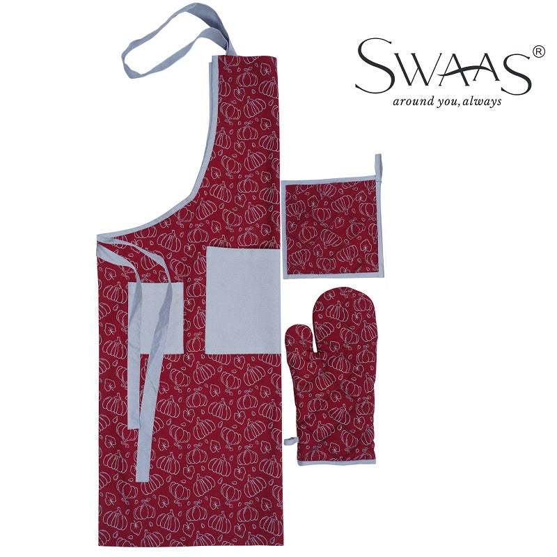 Swaas 100% Cotton Pumpkin Printed Apron, Oven Mitt and Pot Holder - 3 Pcs Set - hfnl!fe