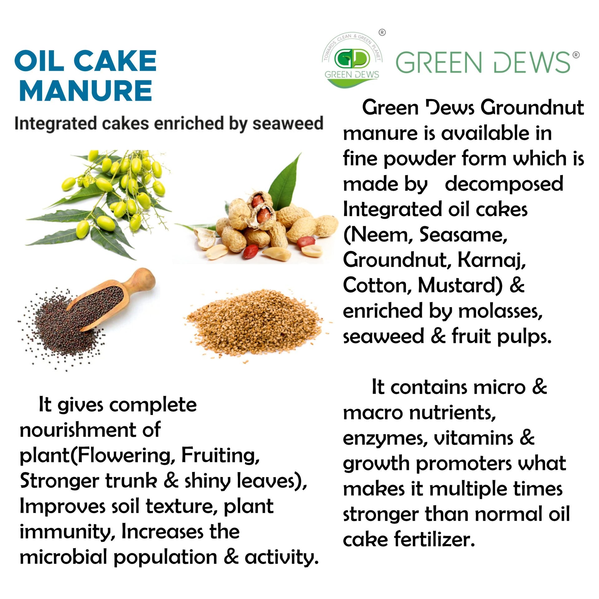 Green Dews Oil Cake Powder Fertilizer For Plants Integrated Neem Mustard Castor Sesame Karanj Groundnut/Peanut Enriched By Seaweed Molasses - hfnl!fe