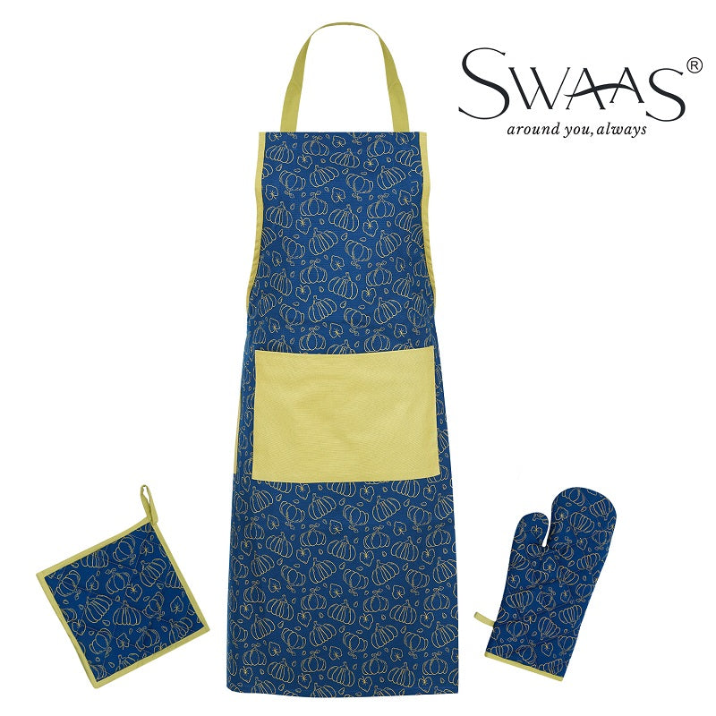 Swaas 100% Cotton Pumpkin Printed Apron, Oven Mitt and Pot Holder - 3 Pcs Set - hfnl!fe