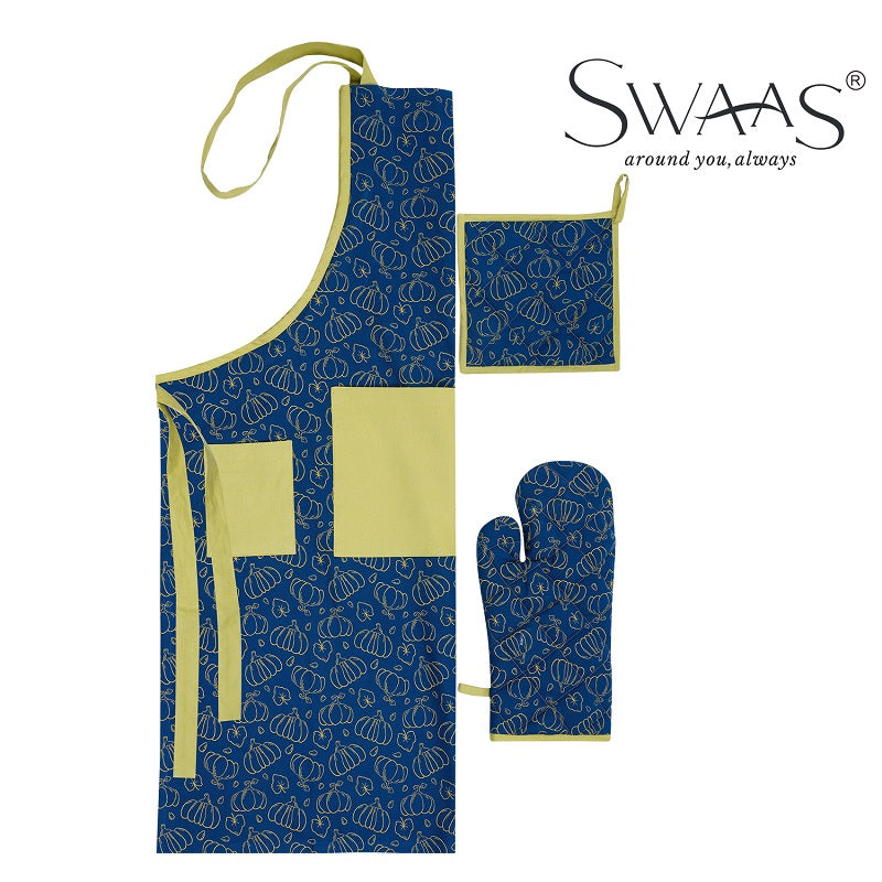 Swaas 100% Cotton Pumpkin Printed Apron, Oven Mitt and Pot Holder - 3 Pcs Set - hfnl!fe