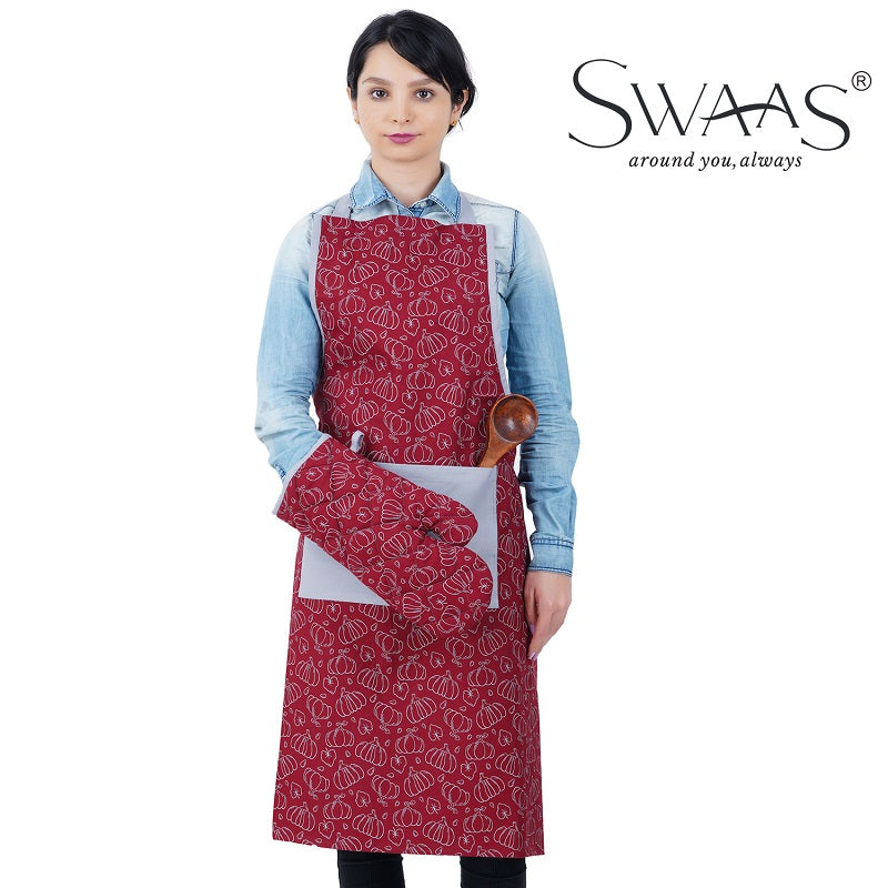 Swaas 100% Cotton Pumpkin Printed Apron, Oven Mitt and Pot Holder - 3 Pcs Set - hfnl!fe