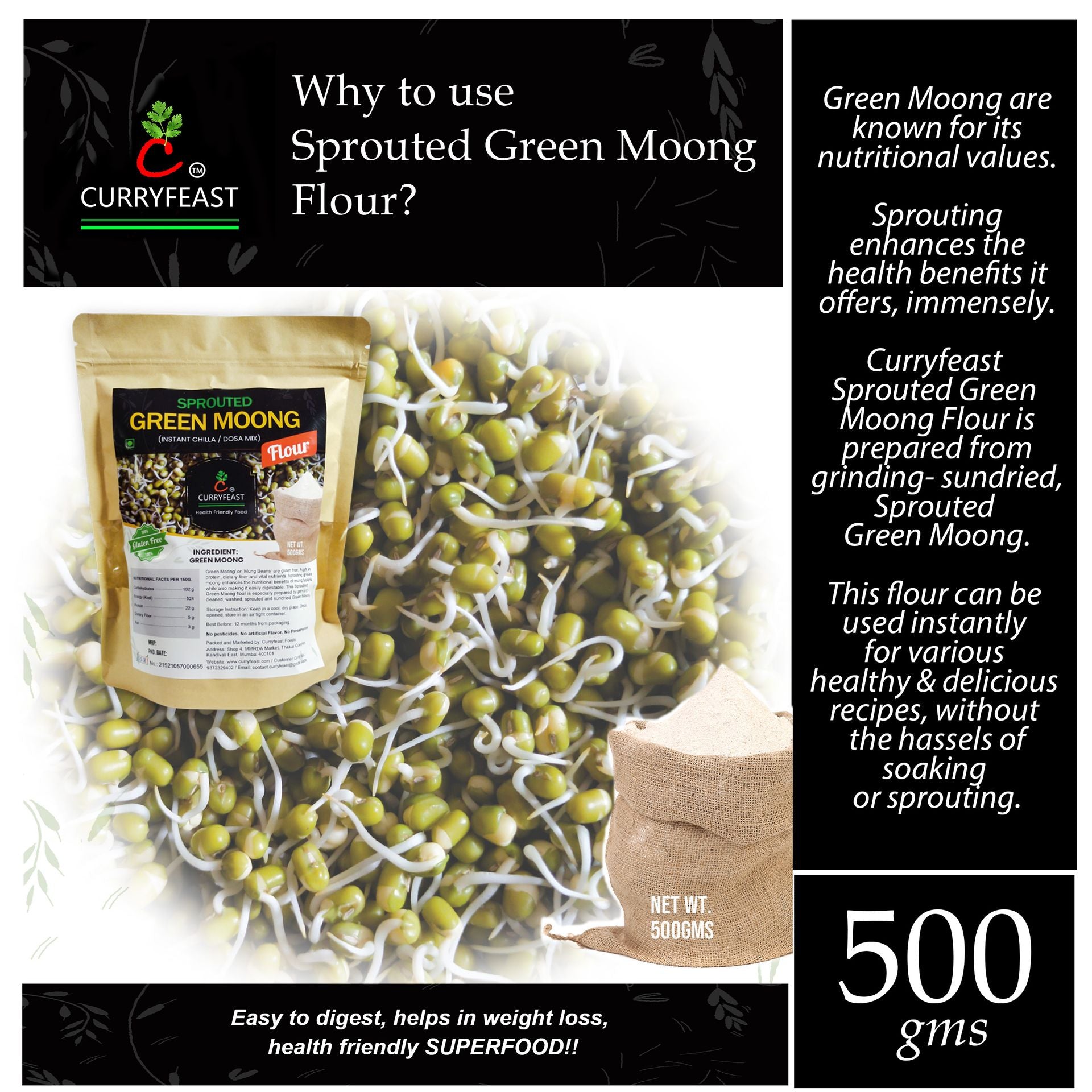 CURRYFEAST Sprouted Green Moong Flour - hfnl!fe