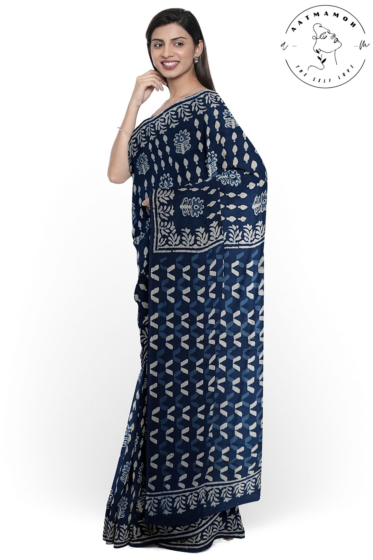 Indigo Abstract Floral hand block printed Cotton Saree - hfnl!fe