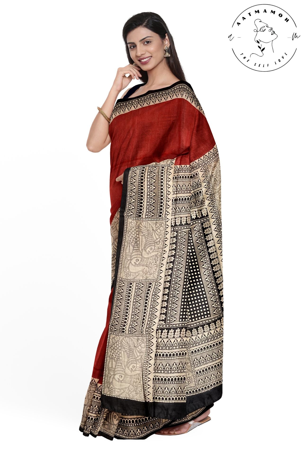 Red Hand Screen printed Tussar silk saree - hfnl!fe