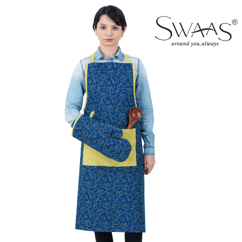 Swaas 100% Cotton Pumpkin Printed Apron, Oven Mitt and Pot Holder - 3 Pcs Set - hfnl!fe