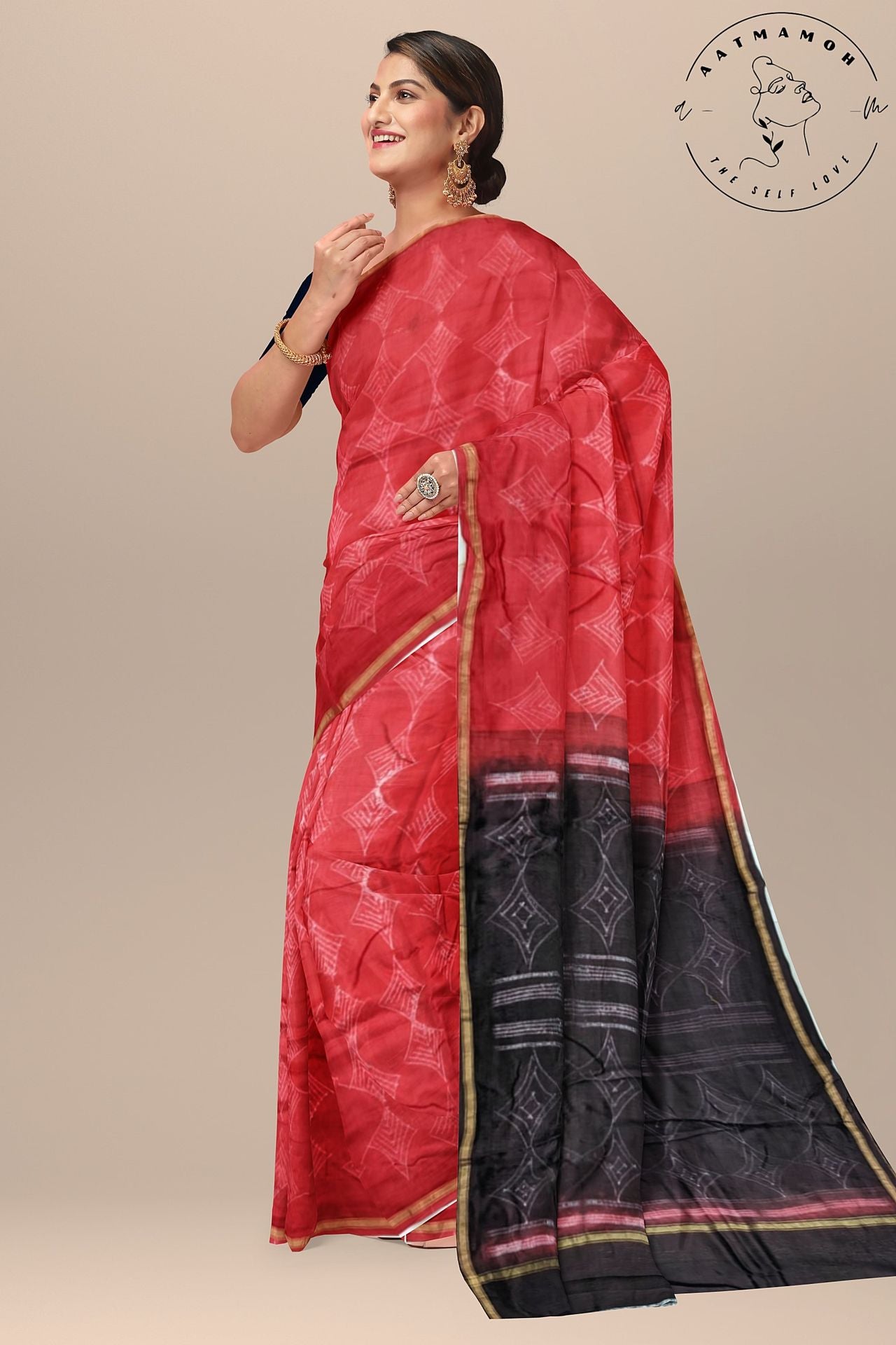 Red Cotton Silk Shibori Saree with Black Pallu - hfnl!fe