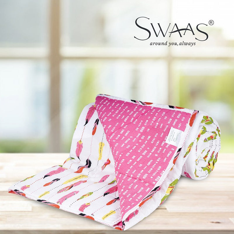 Swaas Softies 100% Cotton Antimicrobial Kids White/Pink Reversible Quilt - hfnl!fe
