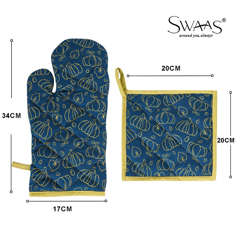 Swaas 100% Cotton Pumpkin Printed Apron, Oven Mitt and Pot Holder - 3 Pcs Set - hfnl!fe