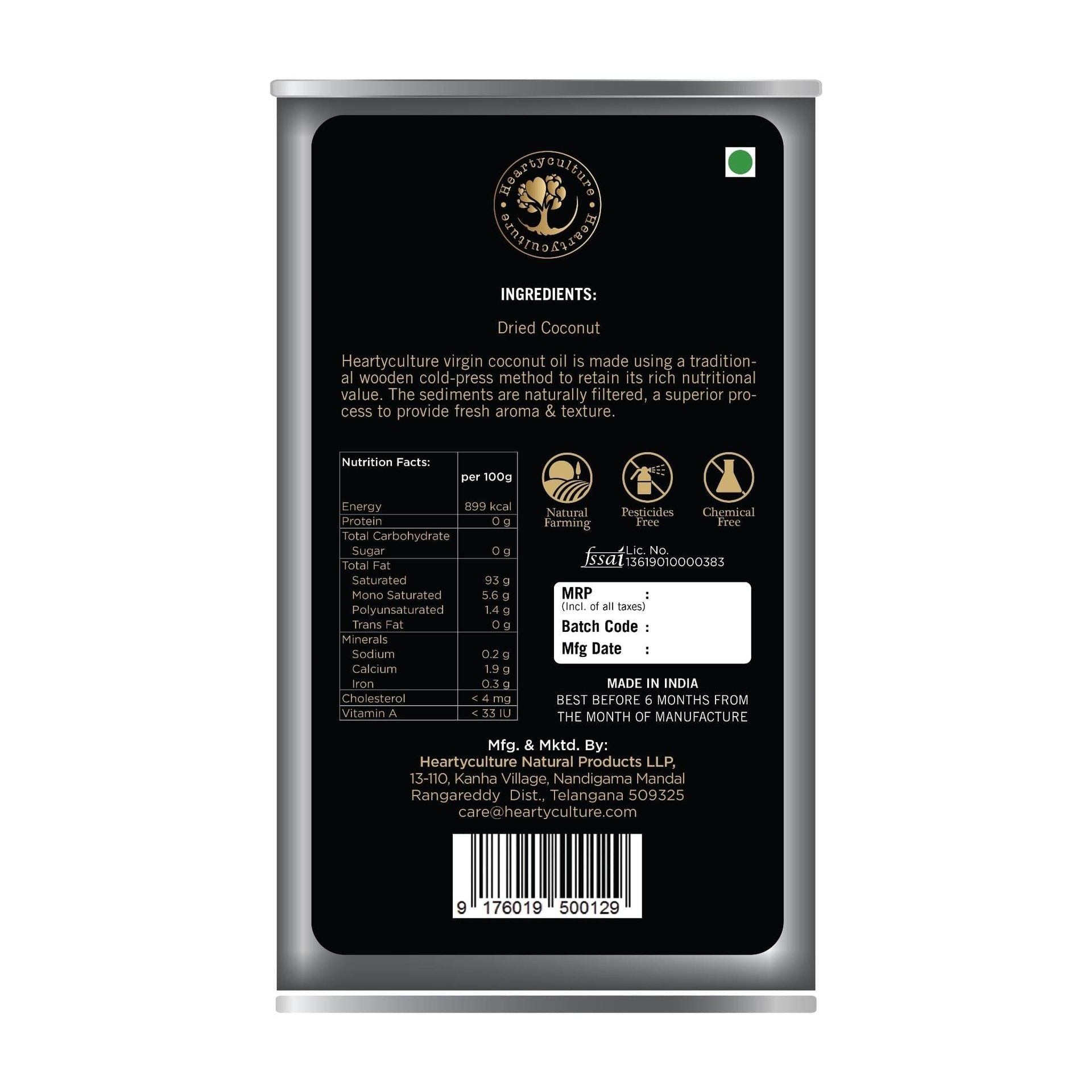 Heartyculture Cold Pressed Coconut Oil - 1 Litre - hfnl!fe
