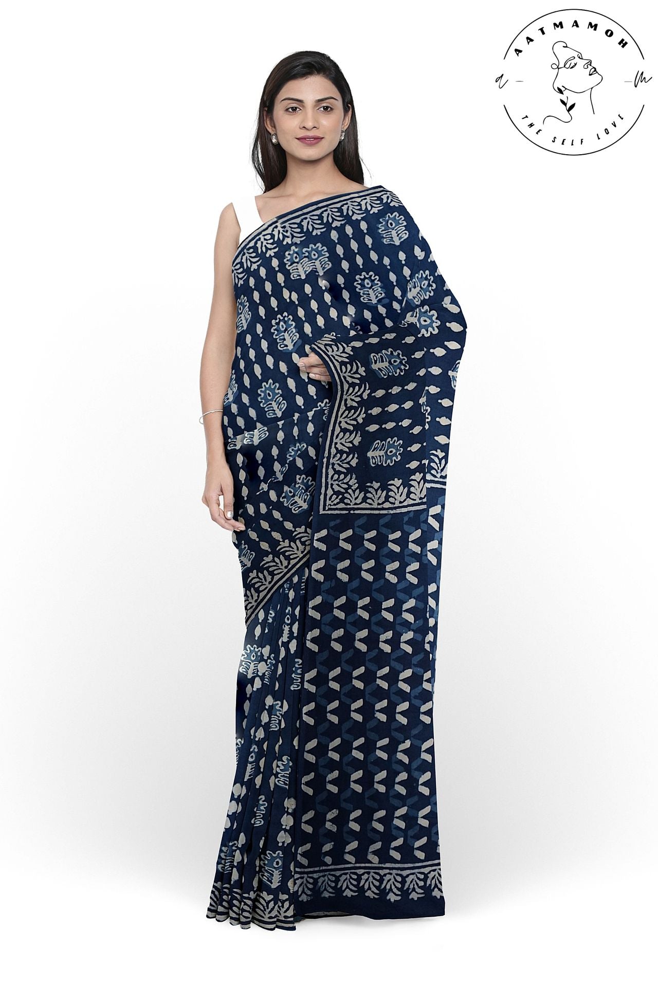 Indigo Abstract Floral hand block printed Cotton Saree - hfnl!fe