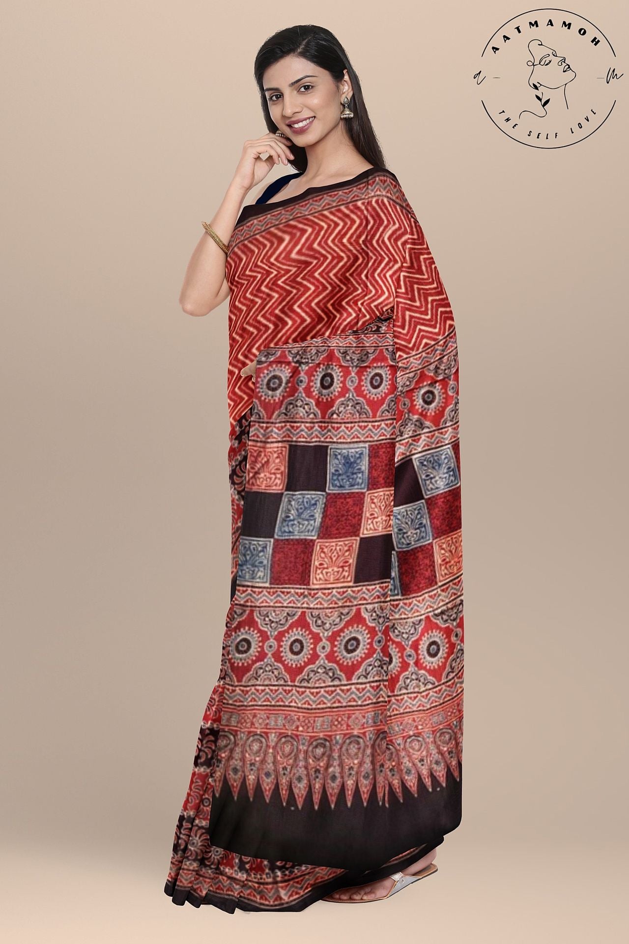 Red zig zag print Ajrakh modal saree - hfnl!fe