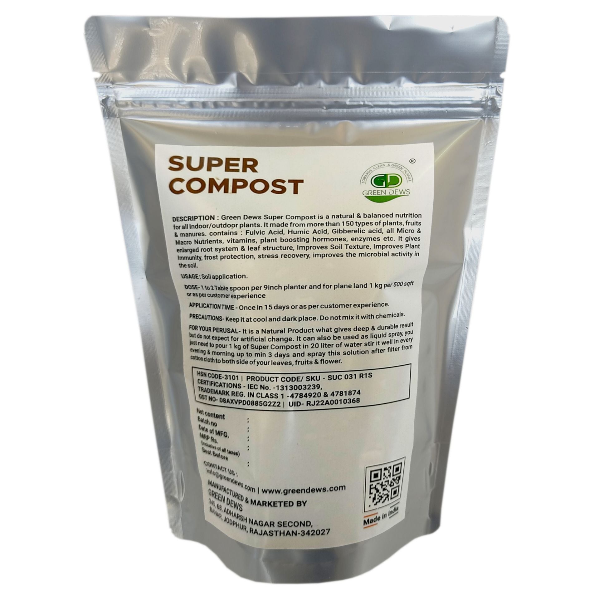 GREEN DEWS SUPER COMPOST BALANCED FERTILIZER NATURAL PLANT GROWTH PROMOTER MICRO & MACRO NUTRIENTS - hfnl!fe