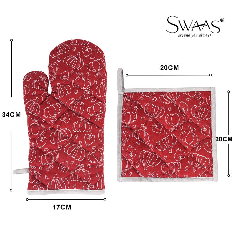 Swaas 100% Cotton Pumpkin Printed Apron, Oven Mitt and Pot Holder - 3 Pcs Set - hfnl!fe