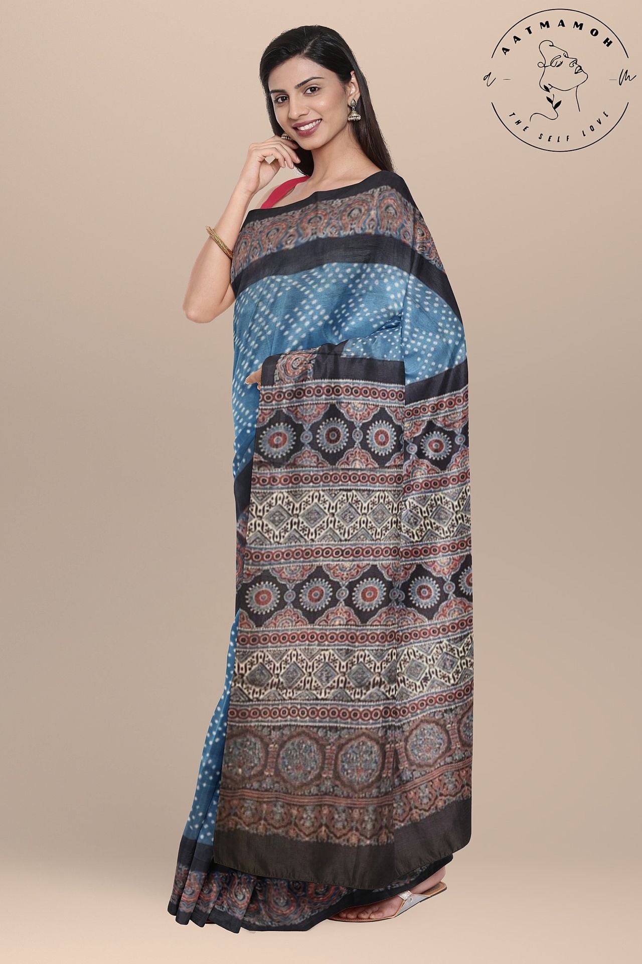 Sky Blue Bandni Ajrakh Modal saree - hfnl!fe