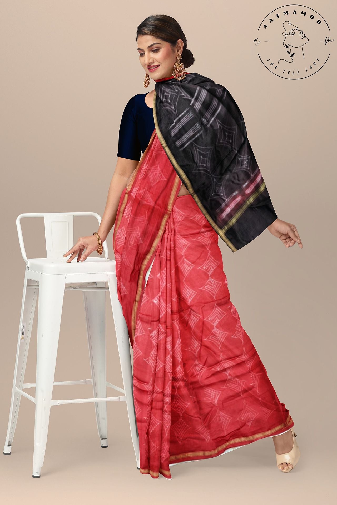 Red Cotton Silk Shibori Saree with Black Pallu - hfnl!fe