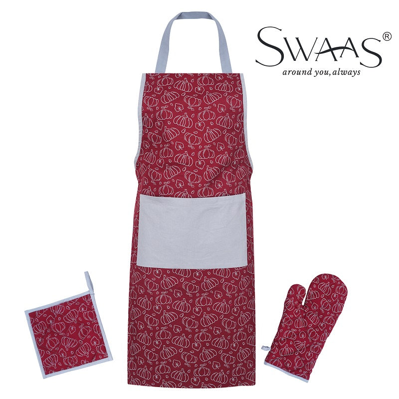 Swaas 100% Cotton Pumpkin Printed Apron, Oven Mitt and Pot Holder - 3 Pcs Set - hfnl!fe