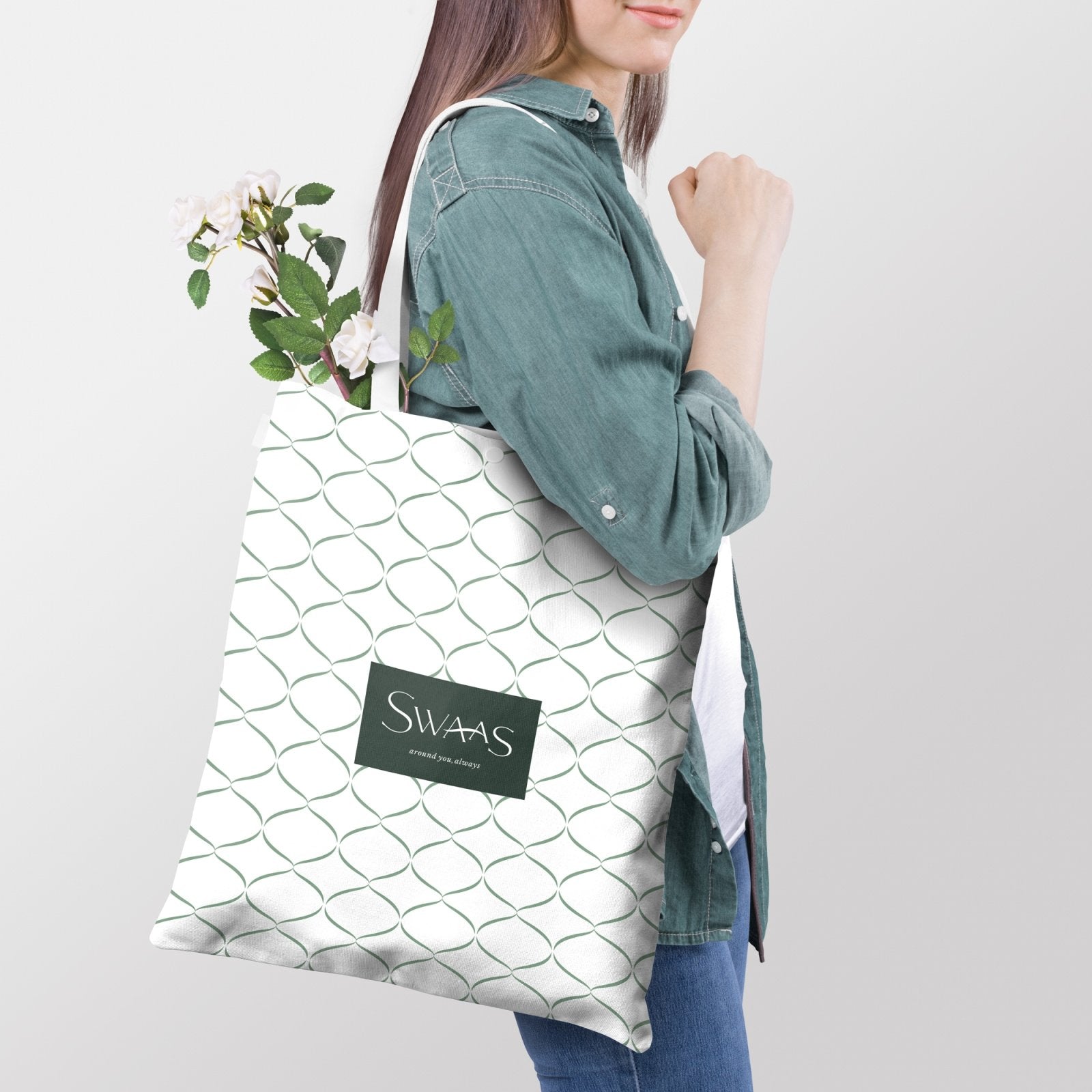 Swaas 100% Cotton Splash-Proof Ivory/Green Tote Bag for Women - hfnl!fe