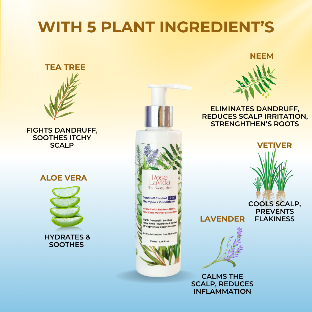 Rose Lavida Ayurvedic Rosemary Strength & Shine & Tea Tree Flake Free 2-in-1 Shampoo + Conditioner For Hair fall & Dandruff Control Combo| With 5 Plant Ingredients | Sulfate & Paraben Free | For All Hair Types | All Age Groups