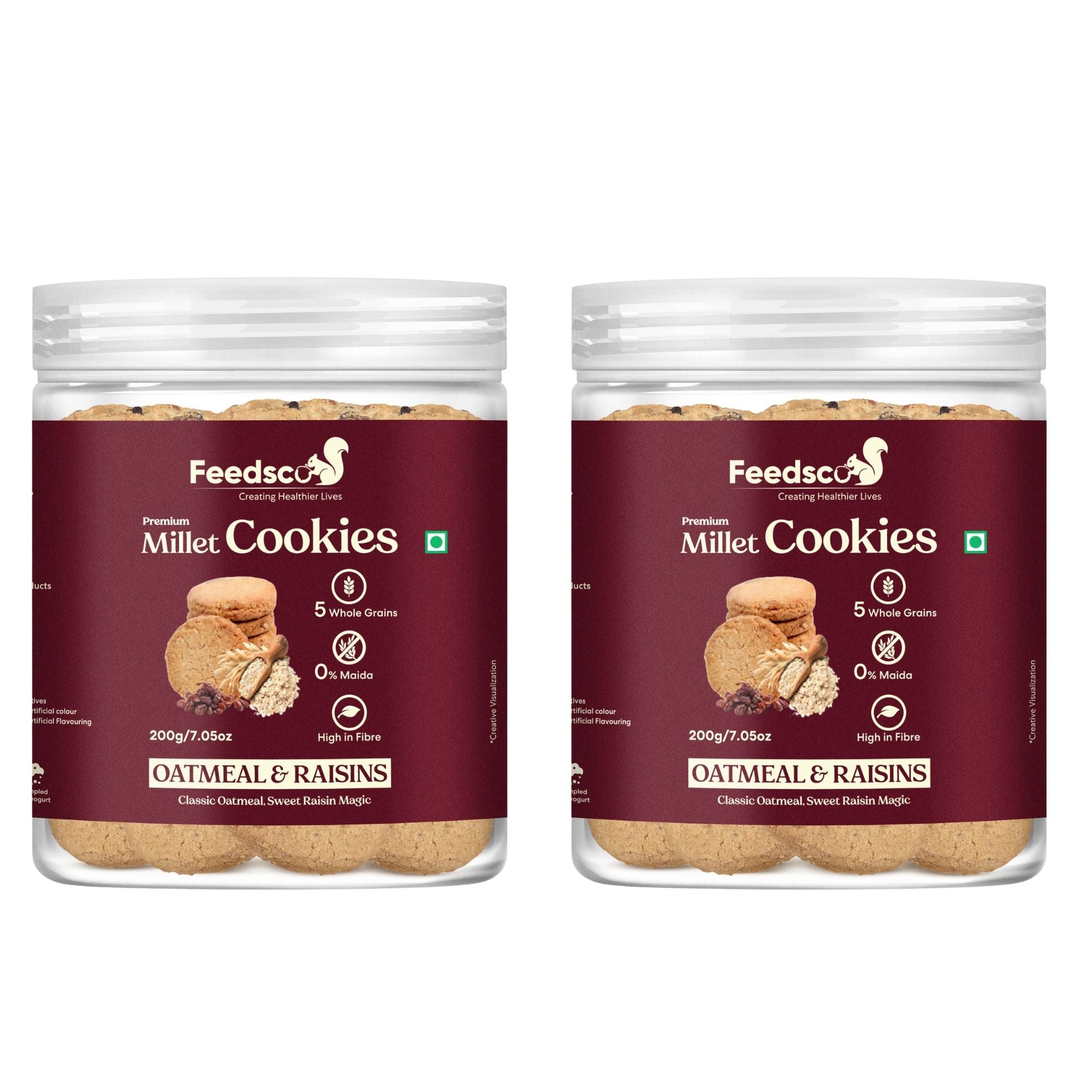 Feedsco Millet Oatmeal & Raisins Cookies - 200gm Pack of 2 - Multigrain, Premium Handmade Healthy Snack Biscuits | No Preservatives | Ideal Kids Snack, Tiffin Box Treat