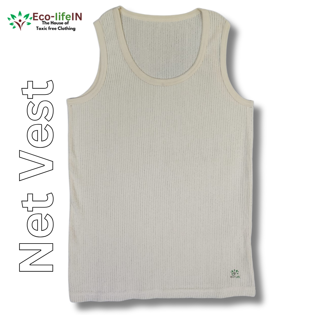 Eco life Men's Toxic free Undyed and Unbleached pure Cotton Net Vest - Pack of 3