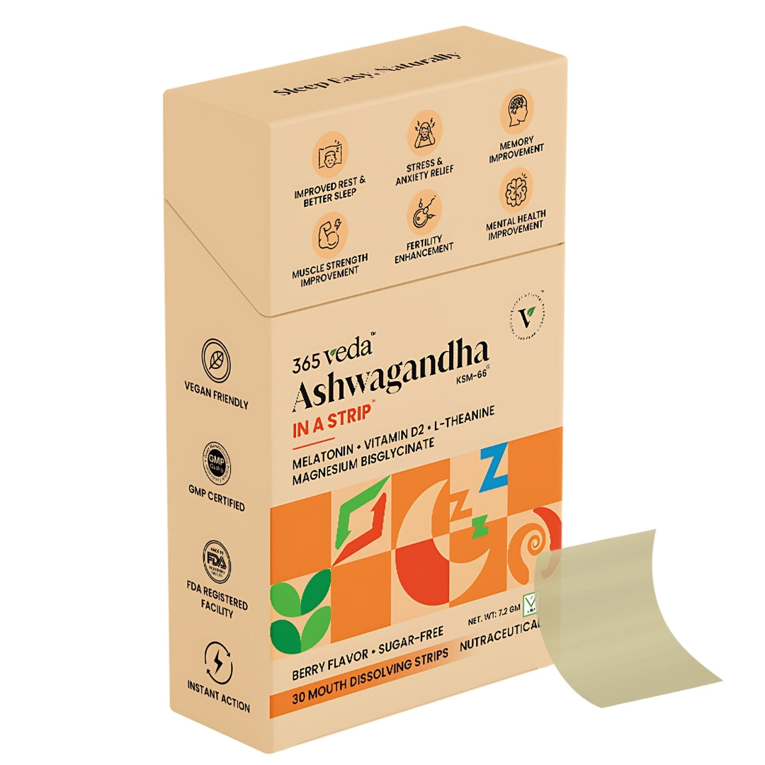 365veda Ashwagandha In-A-Strip™ | For Stress-relief, Sleep, Cognition and Muscle Recovery | Made with KSM-66® Ashwagandha | 30 Strips