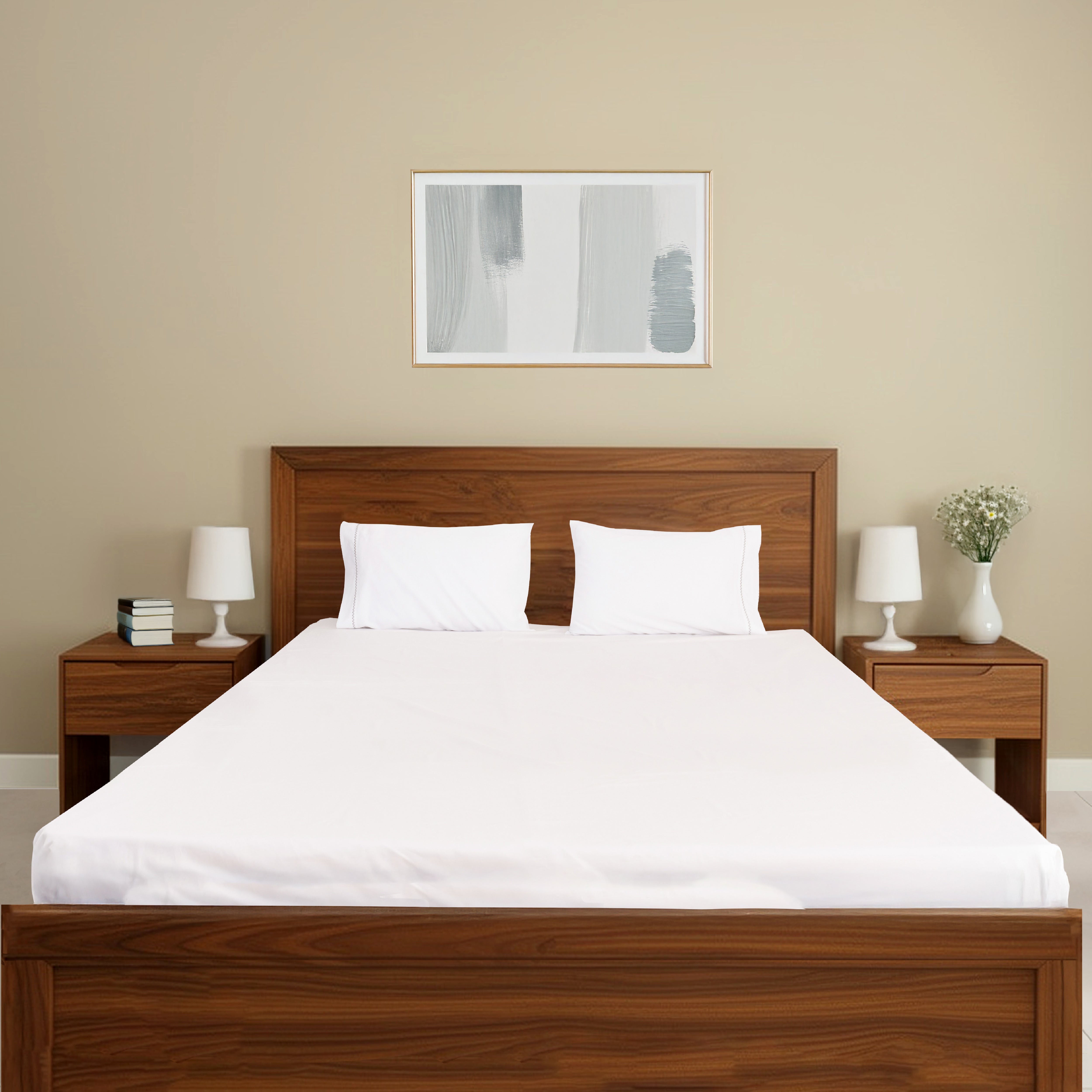 Silver Chess on White Percale, 300 TC Bedsheet with two Pillow Covers