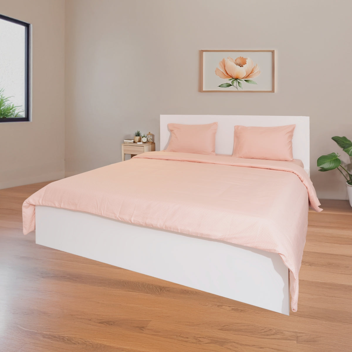 Bisque, 400 TC, 5mm Checks, Vegan Silk Blend Bedsheet Set