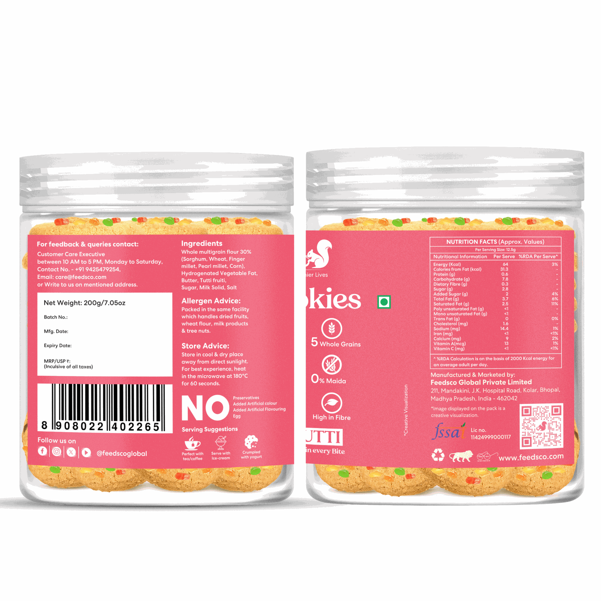 Feedsco Millet Tutti Frutti Cookies - 200gm Pack of 2 - Multigrain, Premium Handmade Healthy Snack Biscuits | No Preservatives | Ideal Kids Snack, Tiffin Box Treat