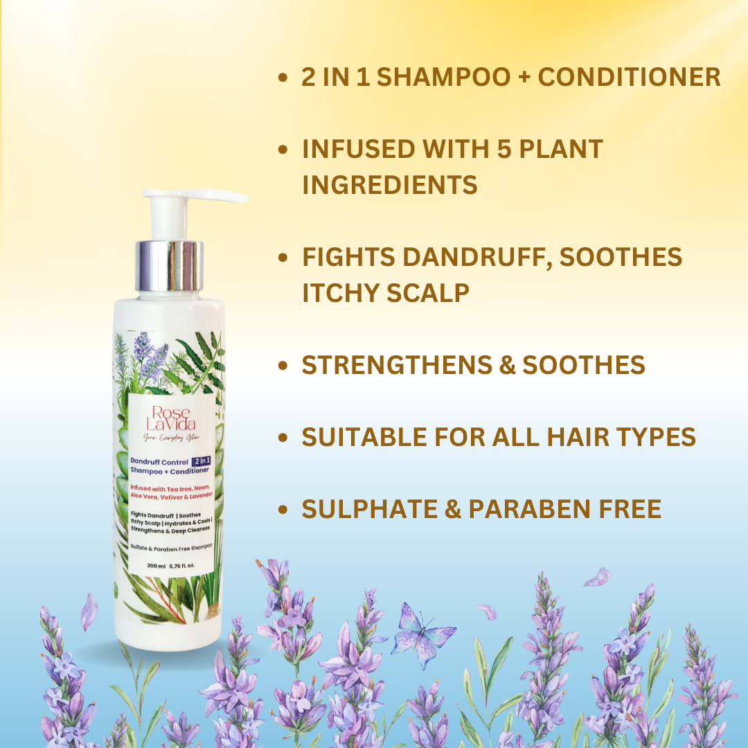 Rose Lavida Ayurvedic Rosemary Strength & Shine & Tea Tree Flake Free 2-in-1 Shampoo + Conditioner For Hair fall & Dandruff Control Combo| With 5 Plant Ingredients | Sulfate & Paraben Free | For All Hair Types | All Age Groups